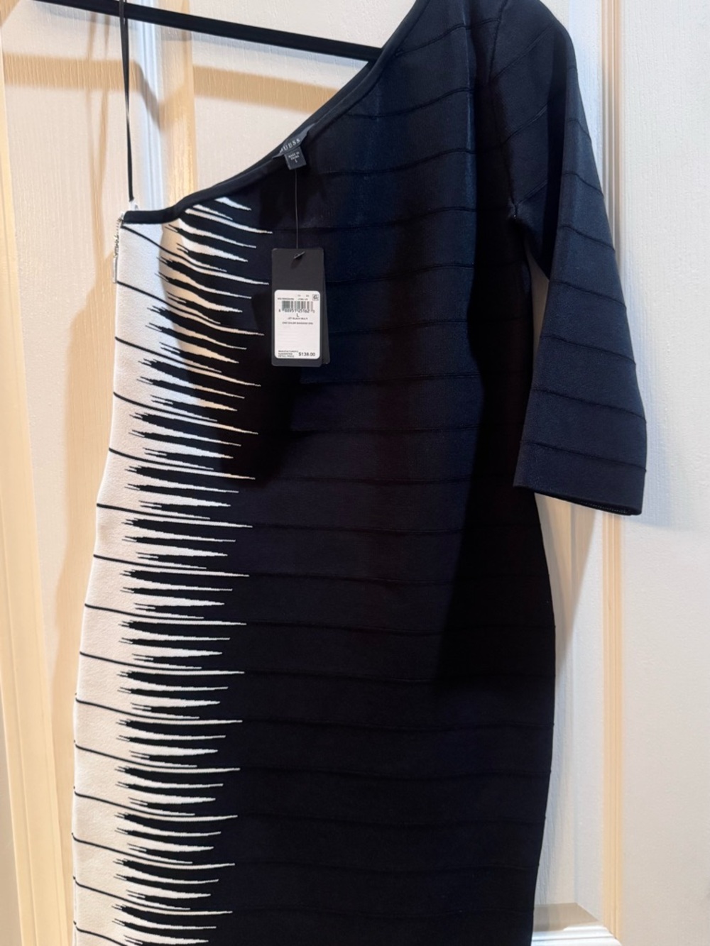 Guess Black and White One-Shoulder Graphic Knit Dress